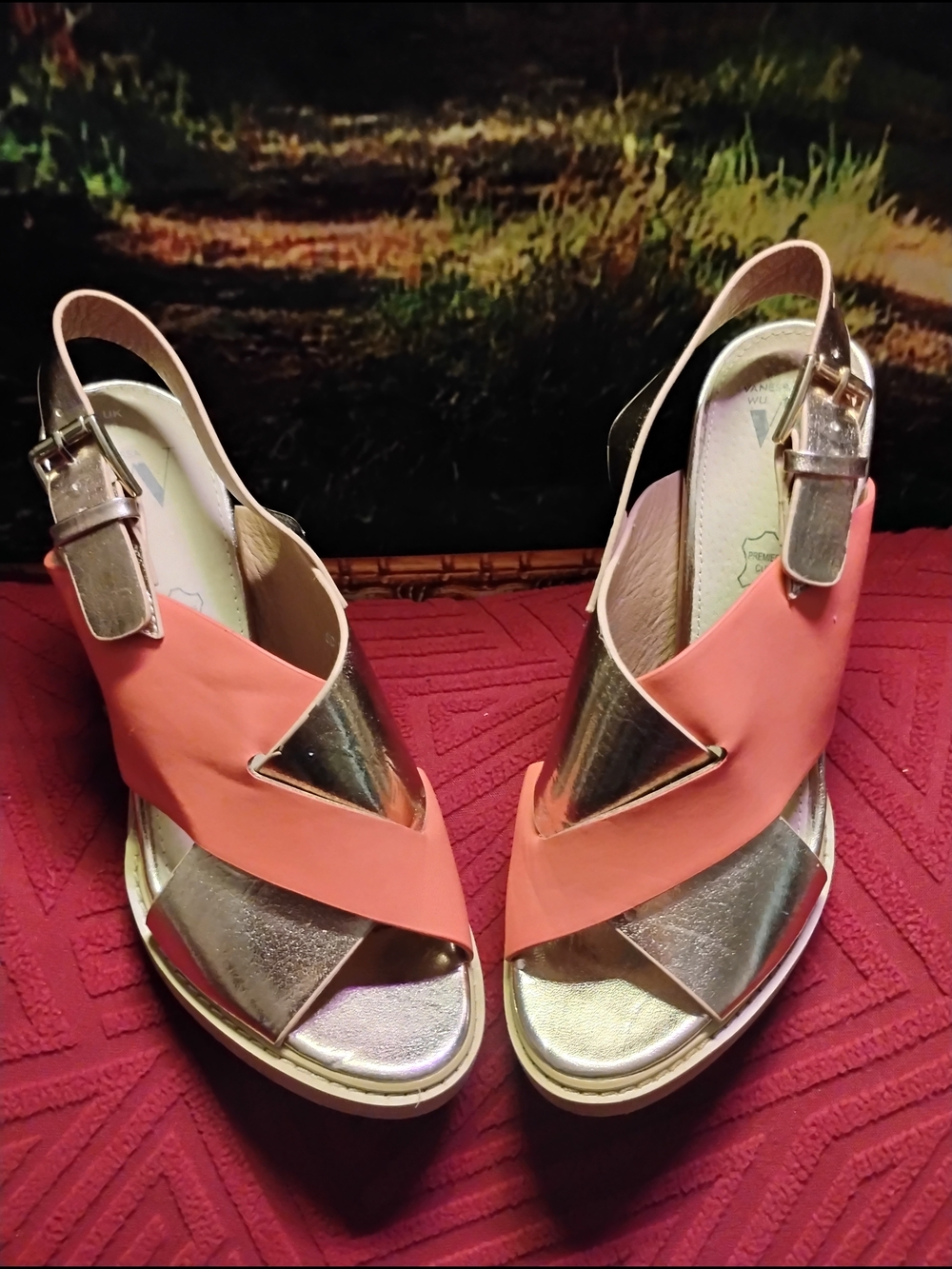 Coral and gold Peep-Toe Slingback block Heels